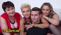 Three Horny Mature Cougars Sharing One Lucky Toy Boy in a Reverse Gangbang